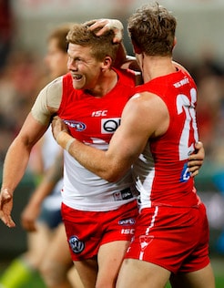 AFL 2017 Round 20 - Geelong v Sydney Dan Hannebery and Luke Parker celebrate a goal against Geelong in 2017. - Dan Hannebery